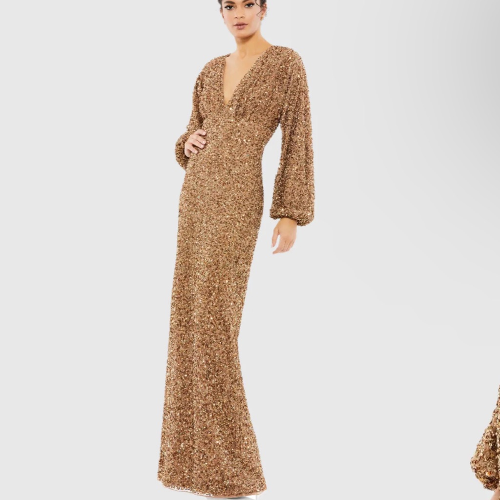 Mac Duggal Gold Sequin V-Neck Maxi Gown